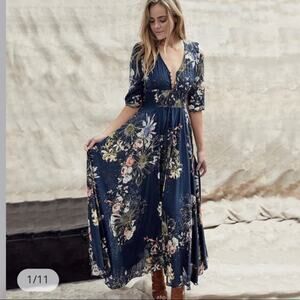 Blue Ruffled Tie Front Maxi Dress with Bishop Sleeves